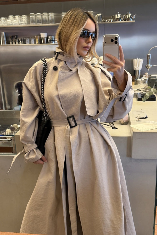 Taş Kuşaklı Premium Oversize Trençkot - 8646