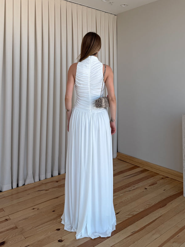 Beyaz Uzun Halter Yaka Drapeli Elbise - 8522