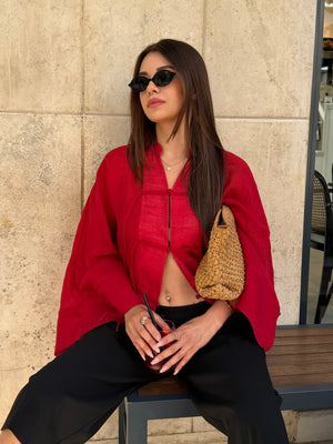 Kırmızı İp Bağcıklı Transparan Kimono - 5098