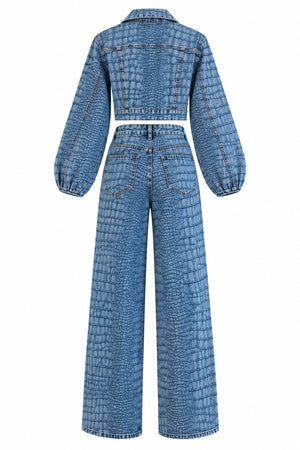 Mavi Croco Crop Ceket Pantolon Takım - 1189