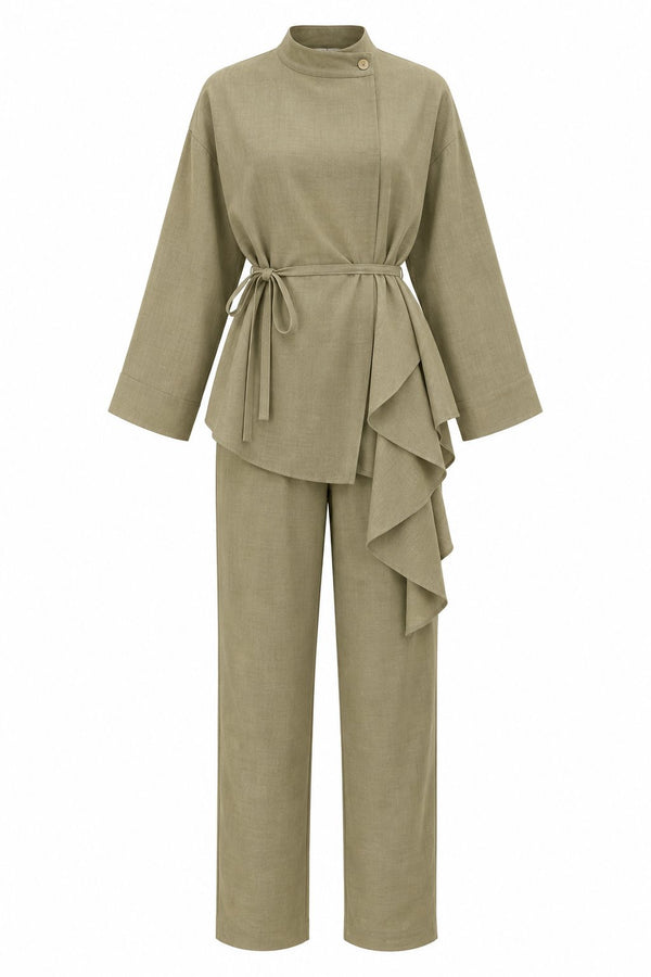 Haki Volanlı İnce Kemerli Kimono Takım - 8739