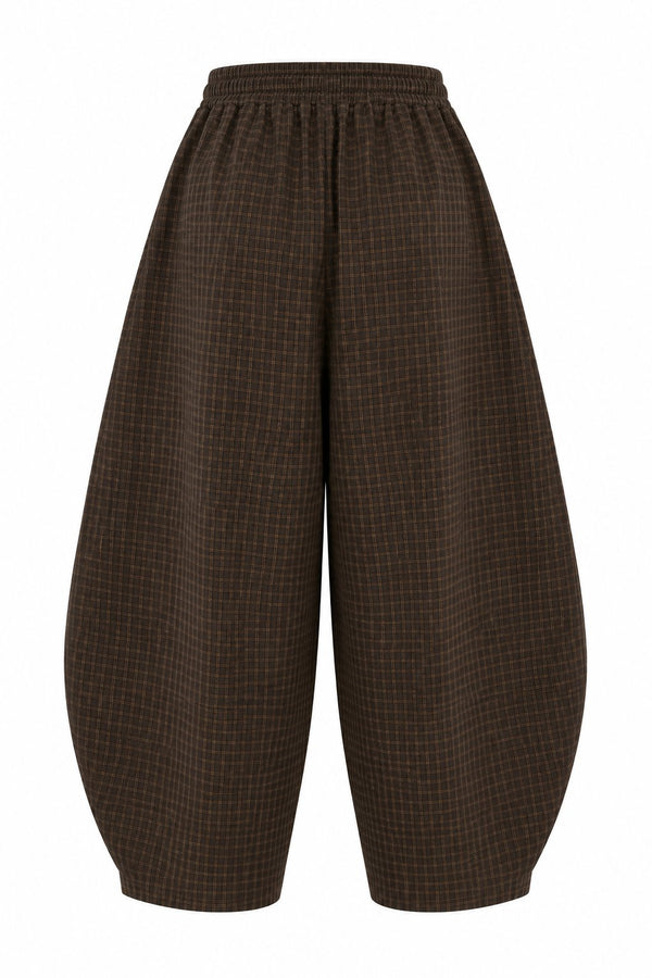 Olive - Kahve Ekoseli Barrel Pantolon - 51473