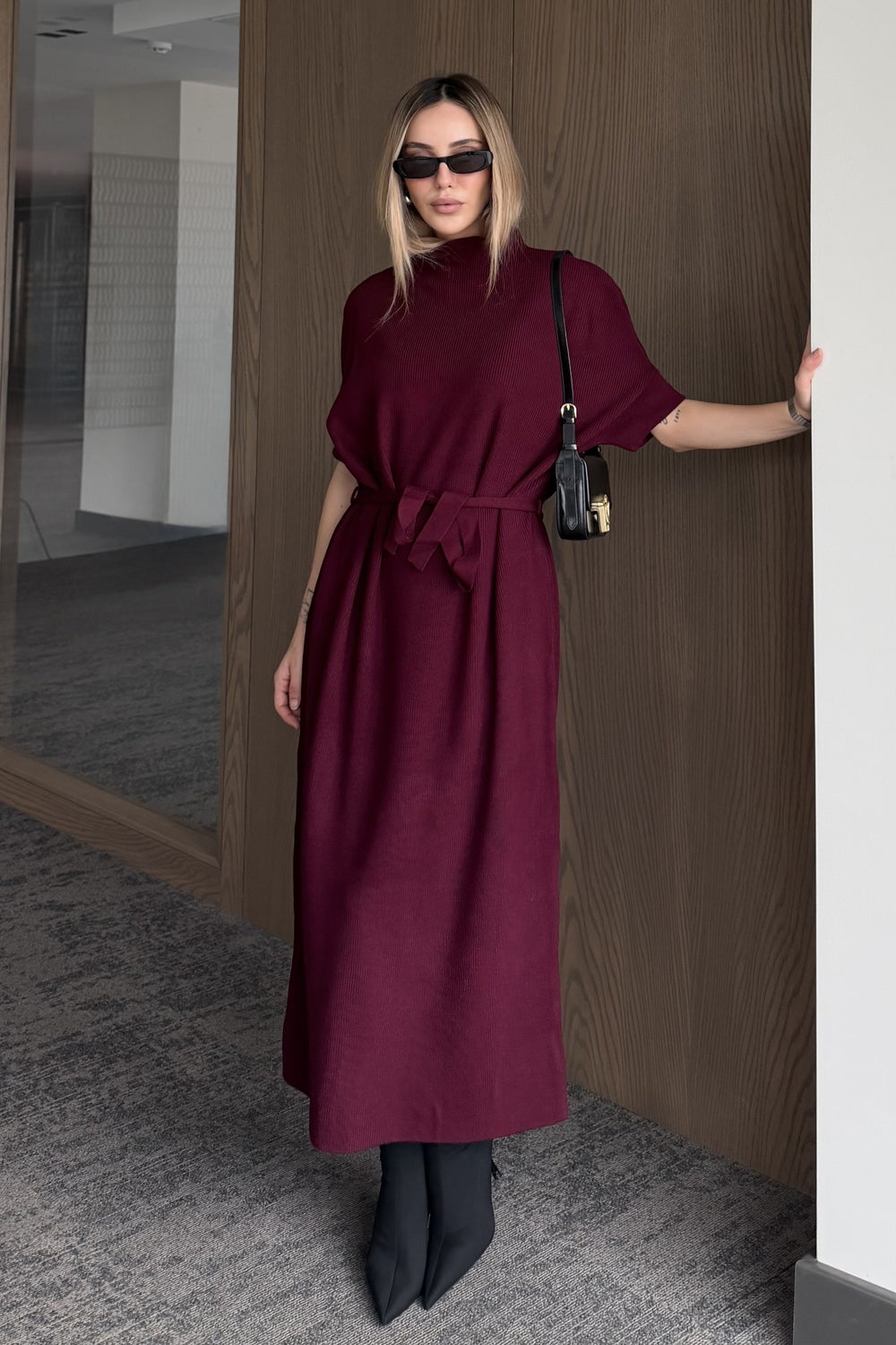 Bordo Kuşaklı Triko Elbise - 5265