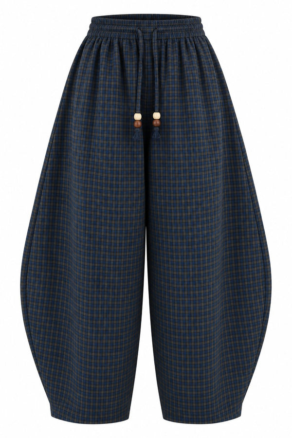Petrol Mavisi Ekoseli Barrel Pantolon - 51473
