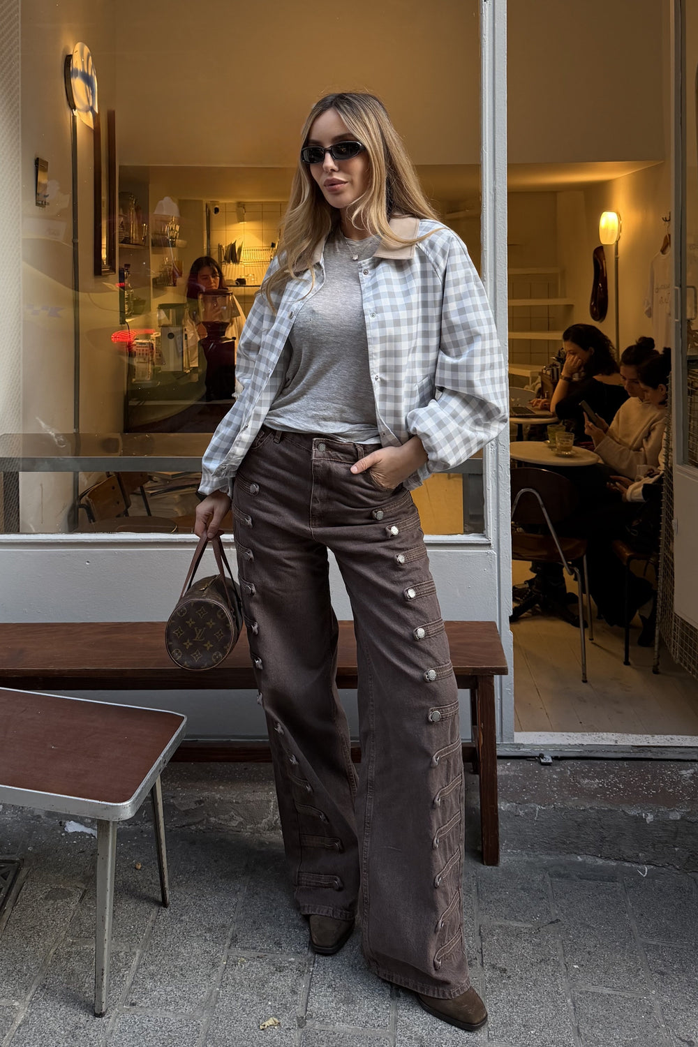 Kahverengi Napolyon Düğme Detaylı Wide Leg Pantolon - 1113