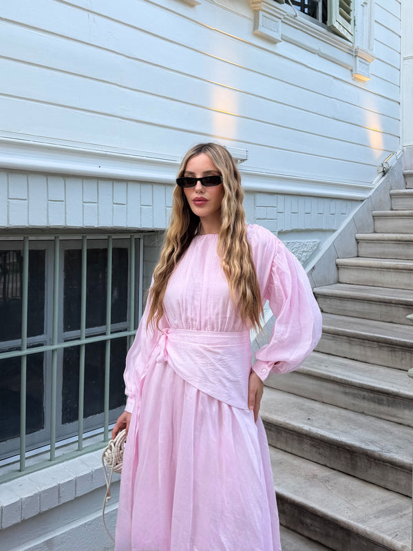 Pembe Beli Lastikli Seyyar Kuşaklı Uzun Elbise - 7051