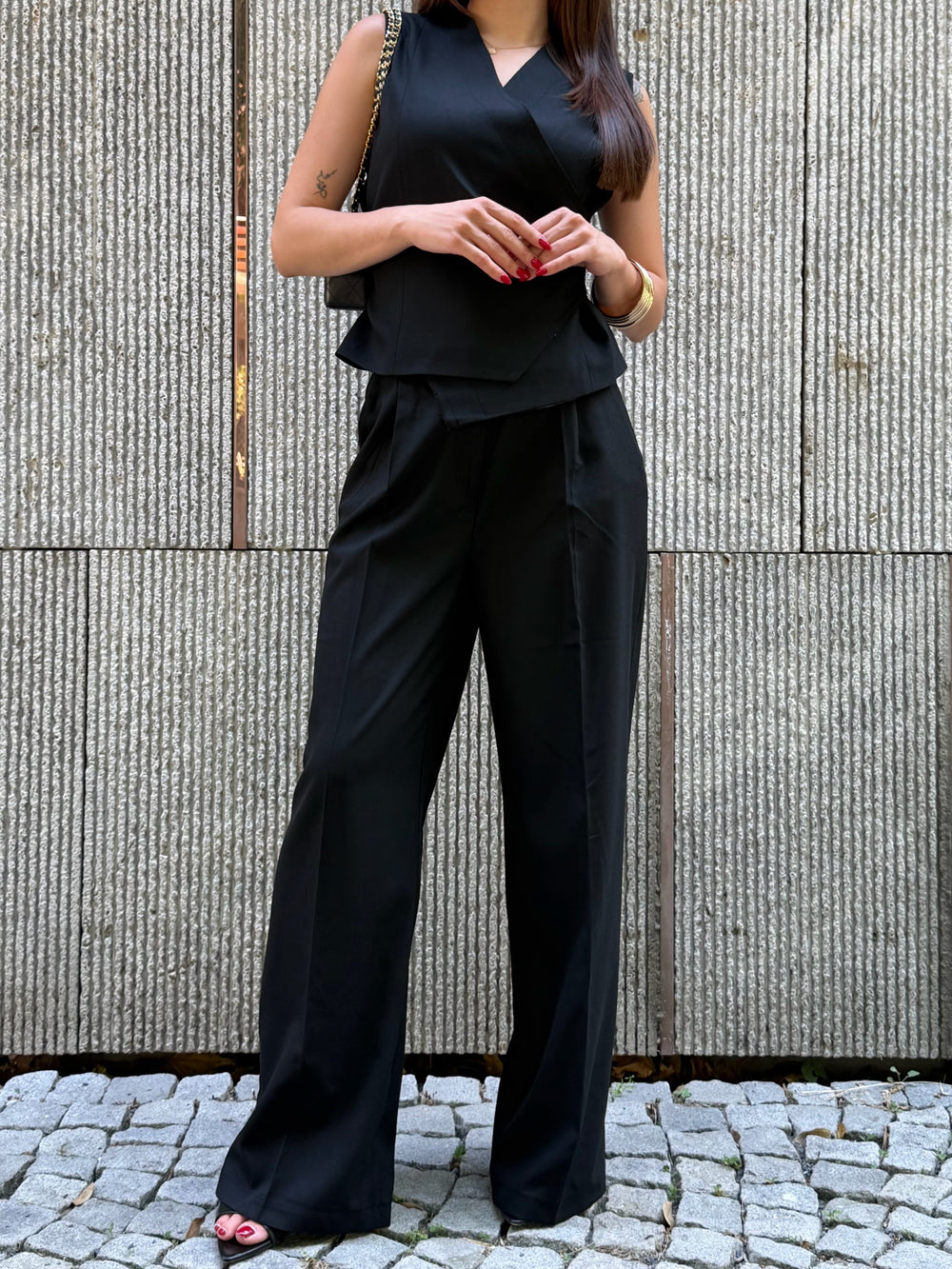 Siyah Donna Kruvaze Yelek Pantolon Takım - 8496