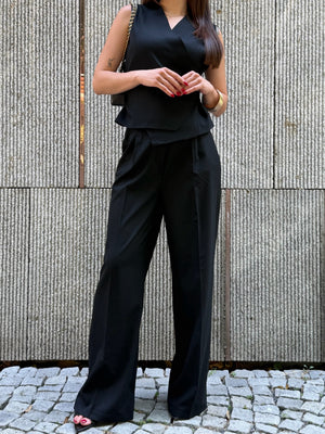 Siyah Donna Kruvaze Yelek Pantolon Takım - 8496
