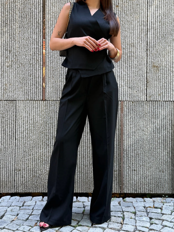 Siyah Donna Kruvaze Yelek Pantolon Takım - 8496