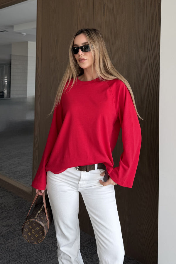 Kırmızı Reglan Kollu Tshirt | LALUVIA