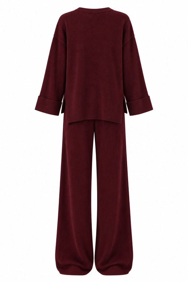 Bordo Selanik Örme 2'li Triko Takım - 2y4587