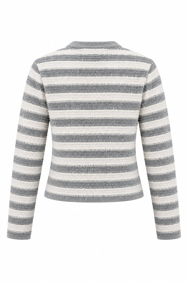 Gri - Ekru Çizgili Örme Hırka - 2y4390