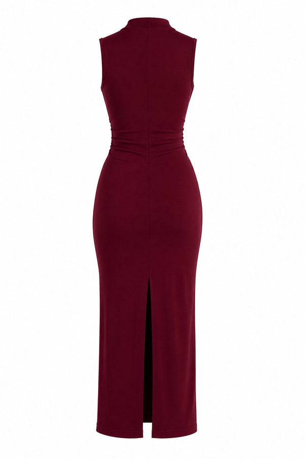 Bordo Drapeli Yırtmaçlı Midi Elbise - 2y4114