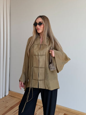 Olive İp Bağcıklı Transparan Kimono - 5098