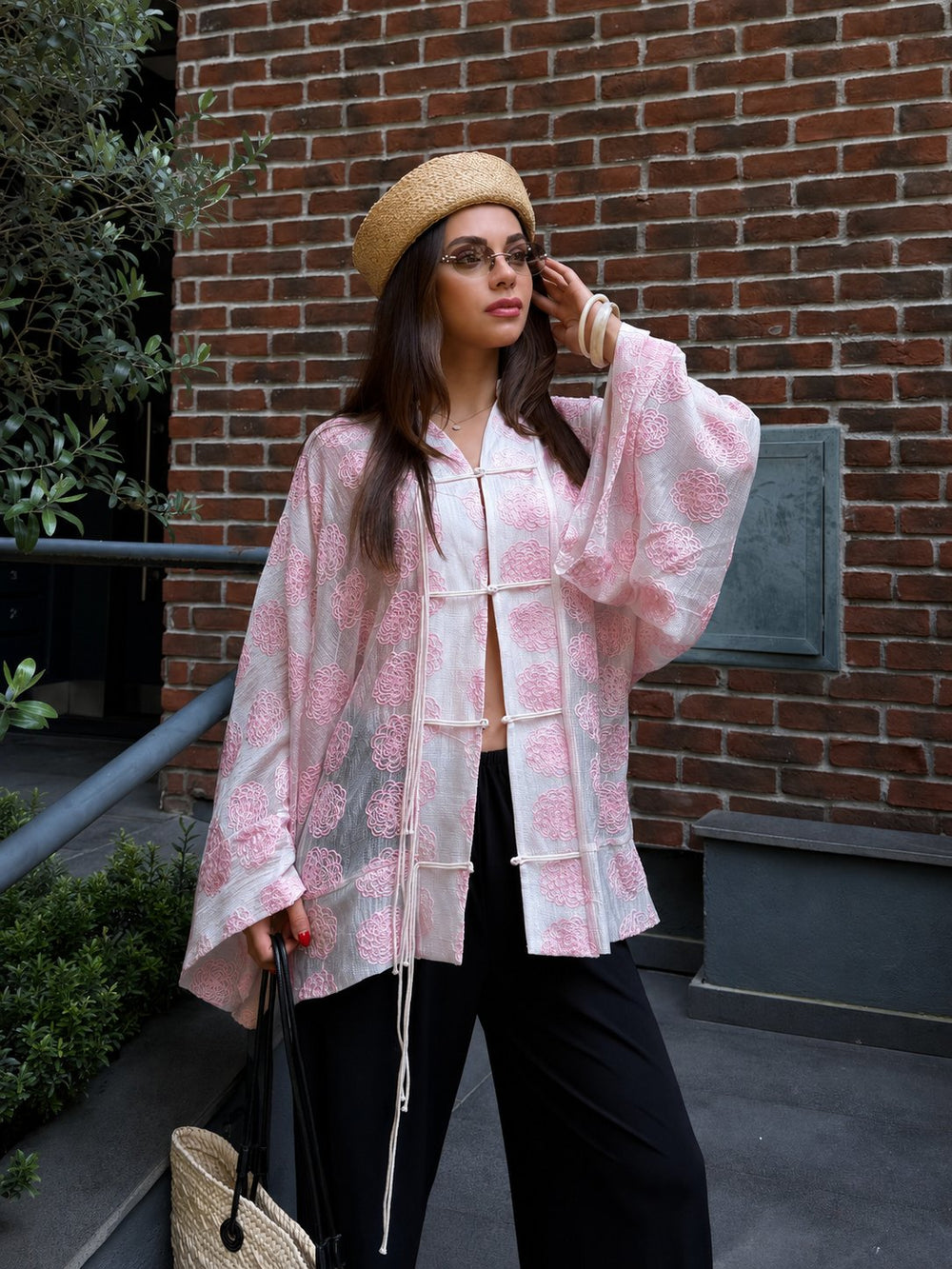 Pembe Frog Kapama Nakışlı Kimono - 5096
