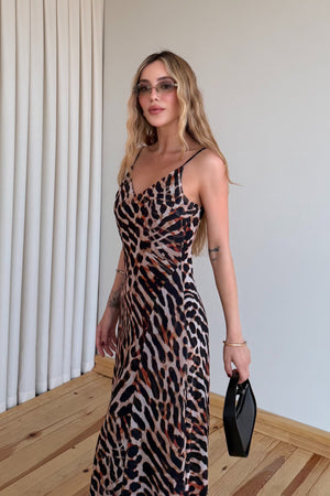 Leopar İnce Askılı Sırt Dekolteli Elbise - 261109