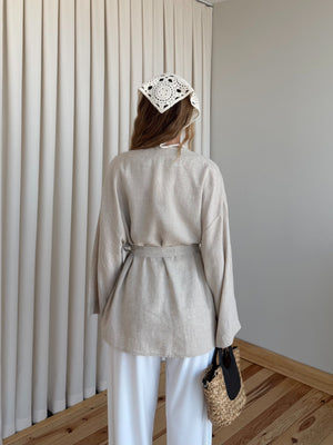 Taş Düğme Detaylı Kemerli Kimono - 005