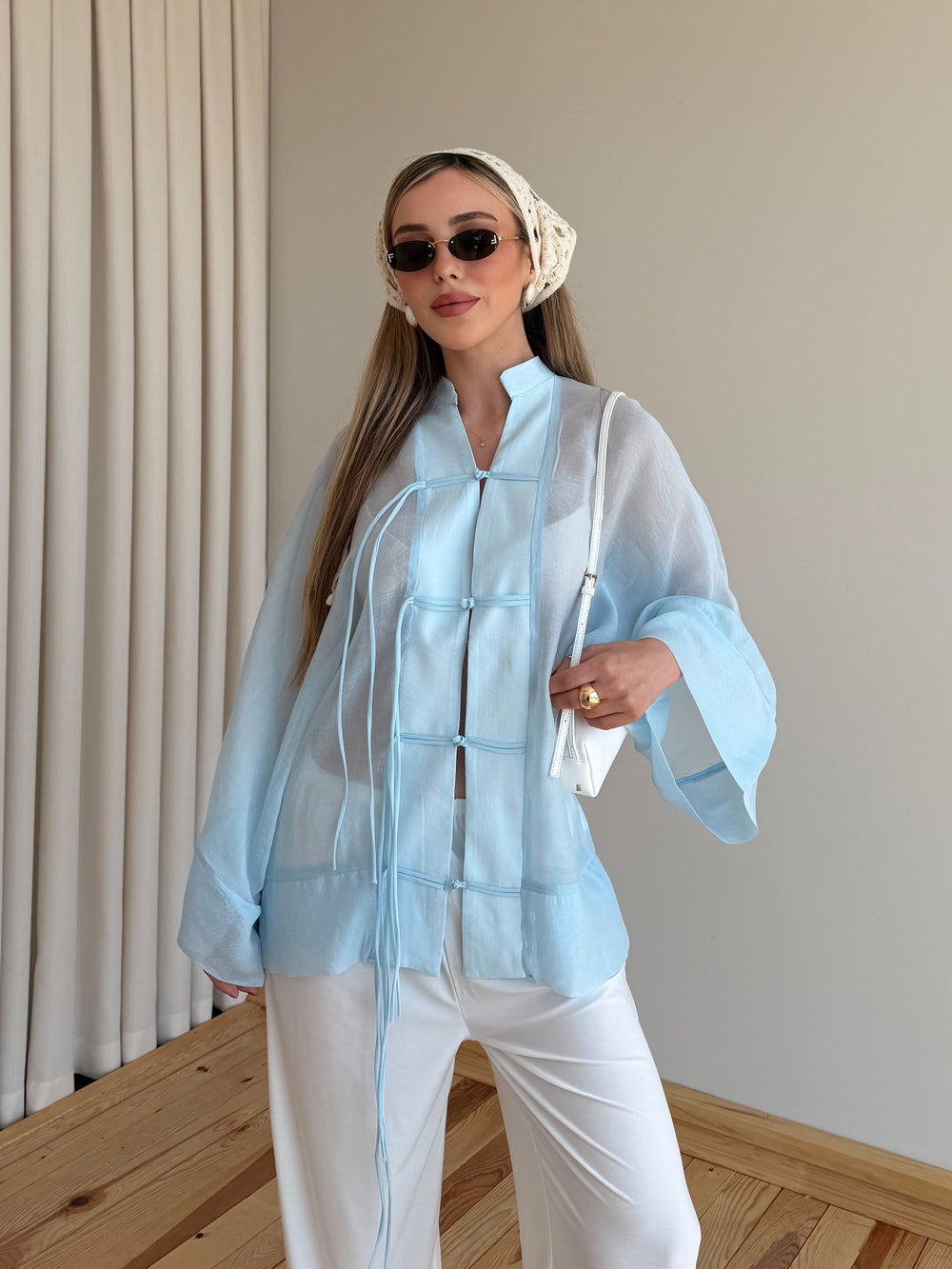 Açık Mavi İp Bağcıklı Transparan Kimono - 5098