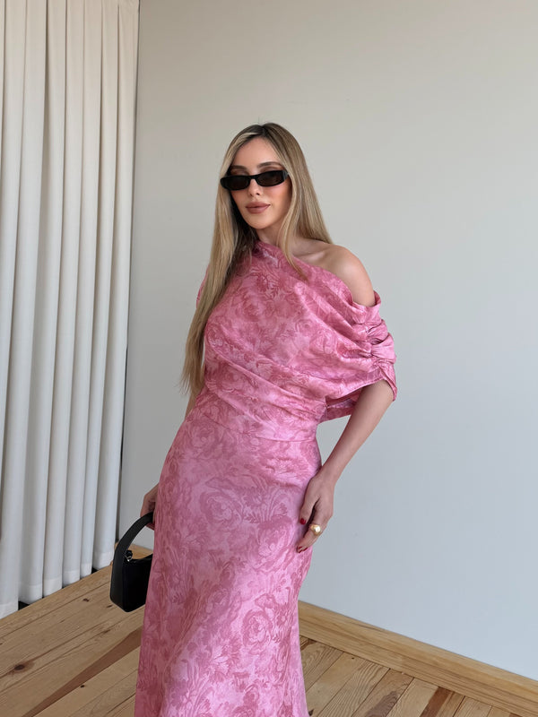 Pembe Tek Omuz Asimetrik Çiçekli Elbise - 205385