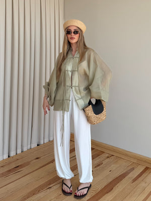 Adaçayı İp Bağcıklı Transparan Kimono - 5098