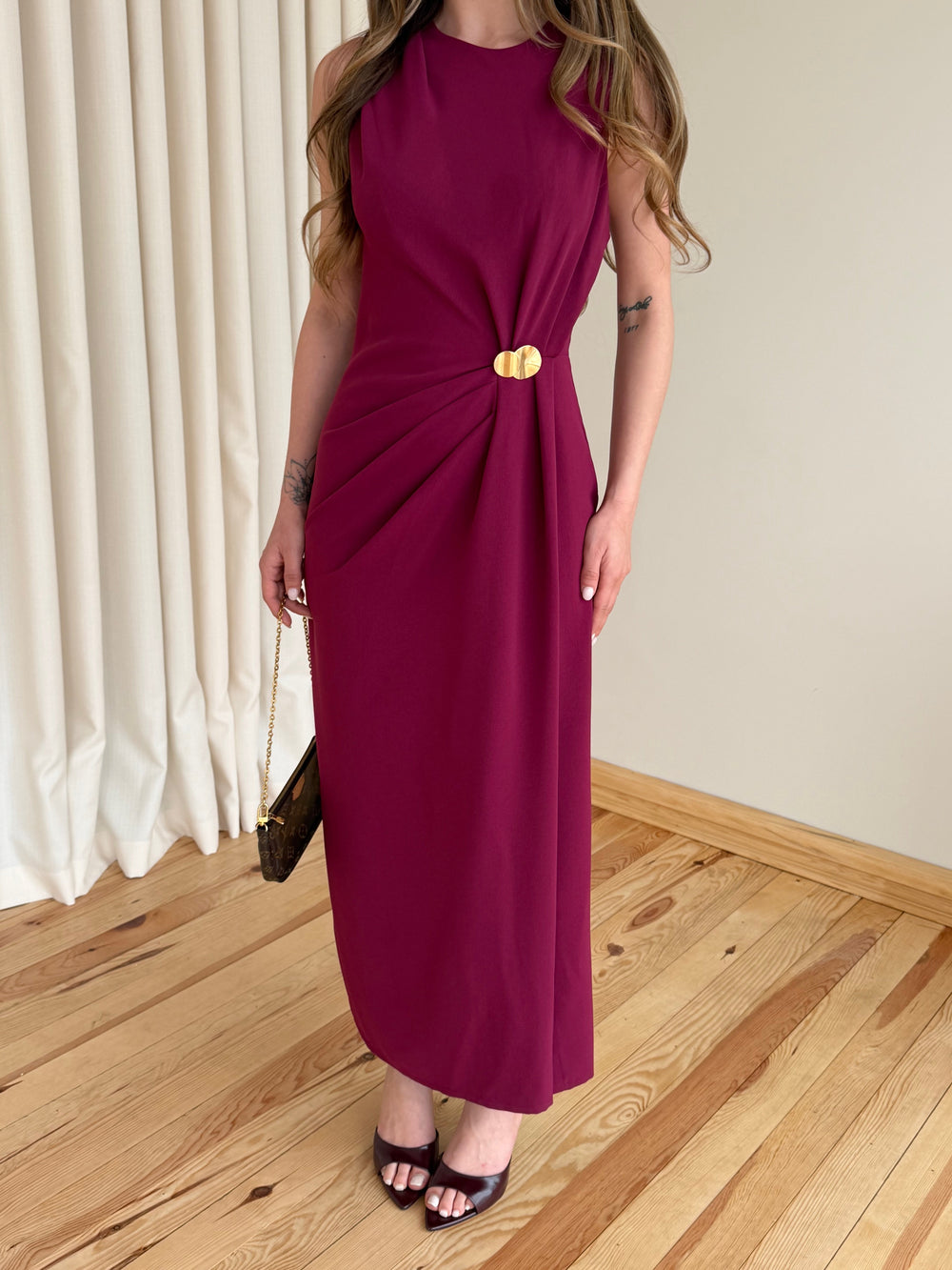 Bordo Gold Tokalı Uzun Elbise - 8191