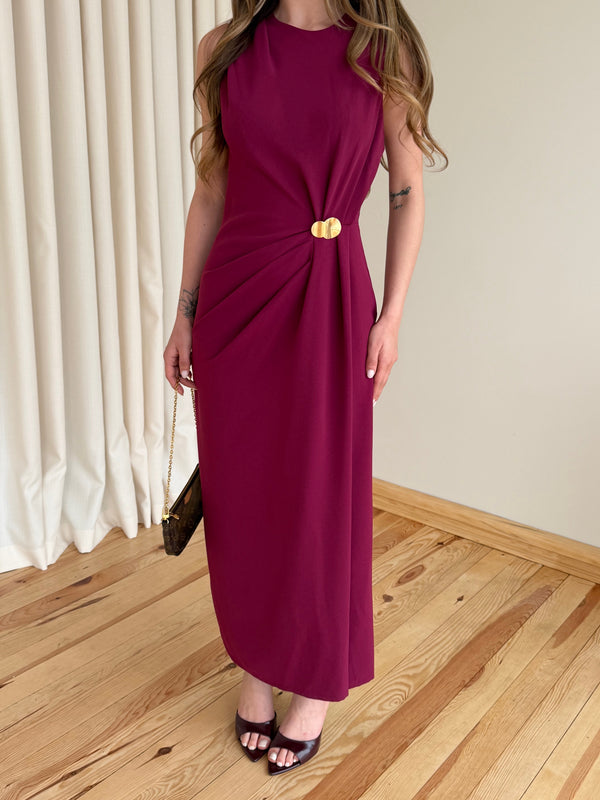 Bordo Gold Tokalı Uzun Elbise - 8191