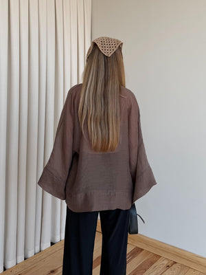 Kahverengi İp Bağcıklı Transparan Kimono - 5098