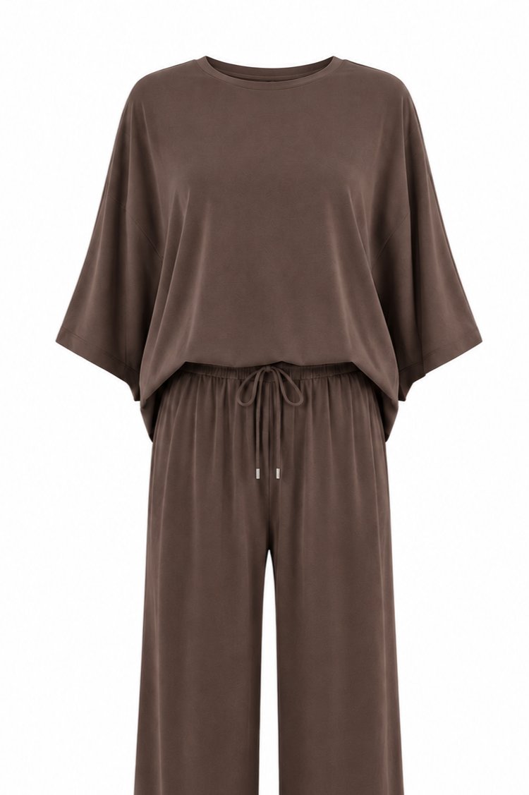 Kahverengi Yarasa Kol Bluz Pantolon Takım - 30432