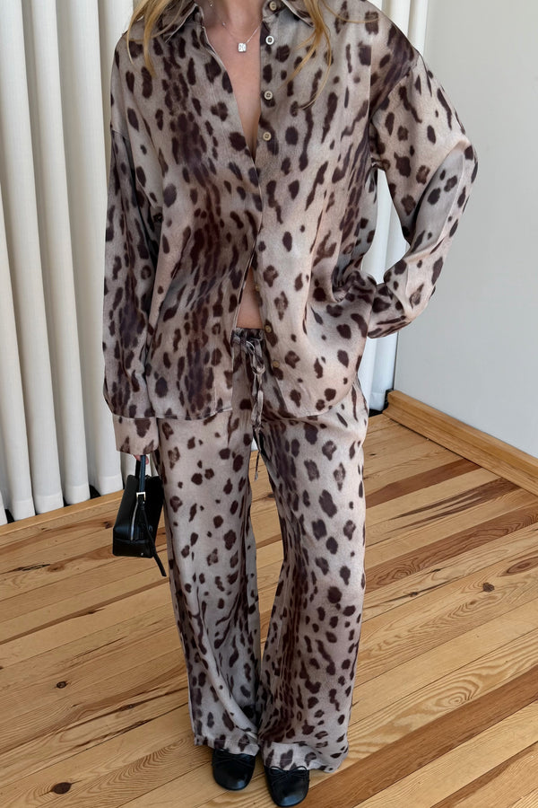 Kahve Leopar Desen Gömlek Pantolon Saten Takım - 906365