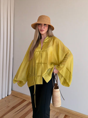 Sarı İp Bağcıklı Transparan Kimono - 5098