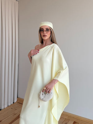 Sarı Tek Kollu Bandanalı Saten Elbise - 10615