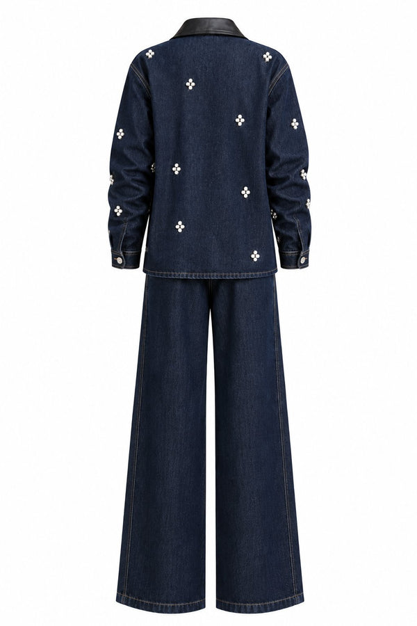 Lacivert Deri Yaka Taşlı Denim Ceket Pantolon Takım - 1167