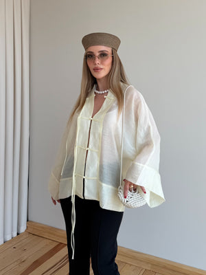 Tereyağ Sarısı İp Bağcıklı Transparan Kimono - 5098