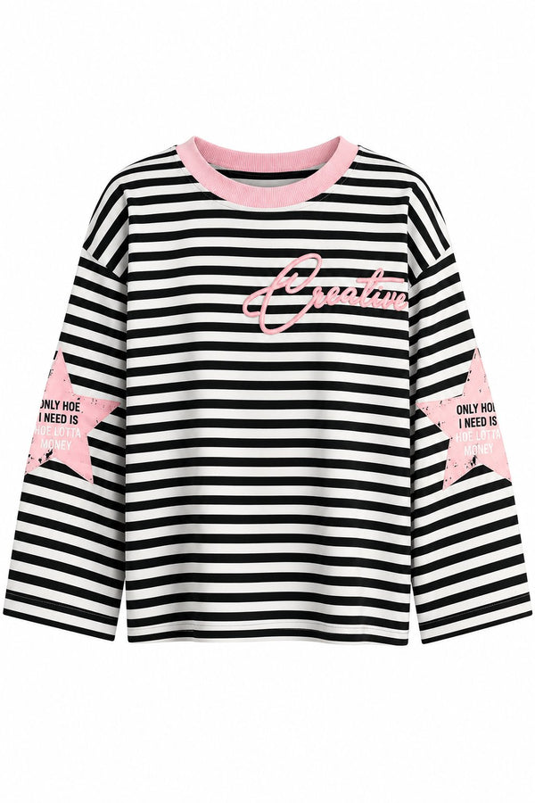 Pembe Yaka Creative Baskılı Çizgili Tshirt - 1127