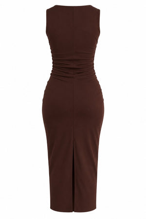 Kahverengi Drape Detaylı Midi Yırtmaçlı Elbise - 2y0506