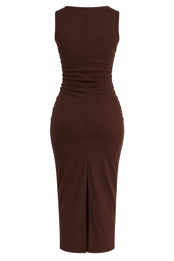 Kahverengi Drape Detaylı Midi Yırtmaçlı Elbise - 2y0506