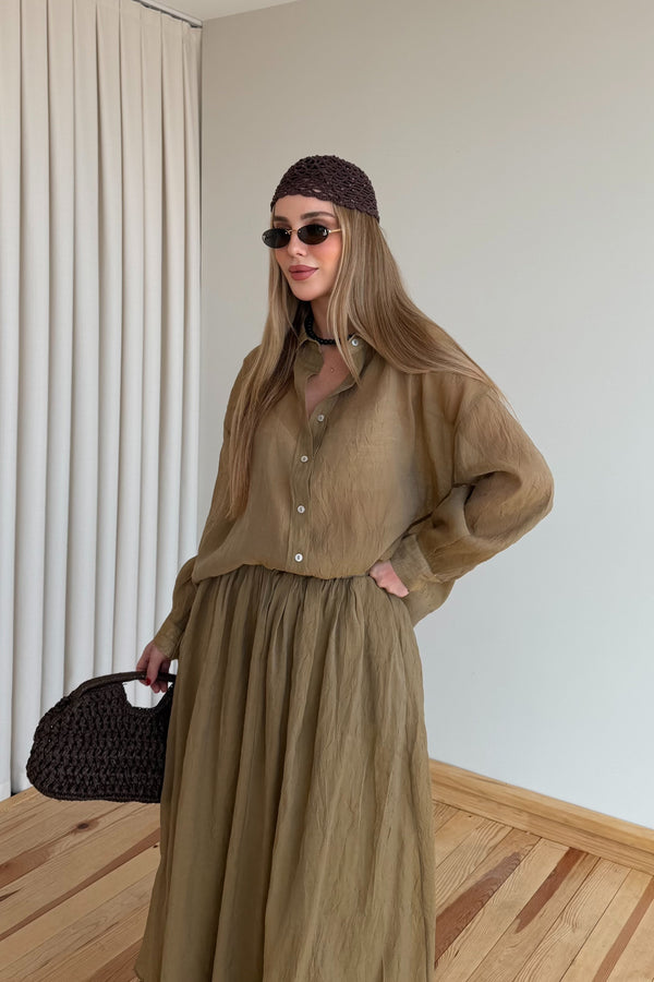 Olive Kırışık Gömlek Etek Takım - 51159