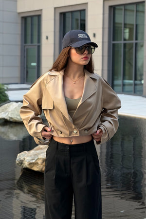 Bej Pileli Crop Ceket - 4199