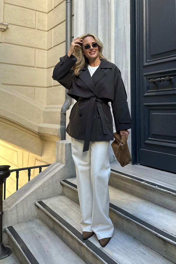 Acı Kahve Oversize Düşük Omuz Kısa Trenç - 9580