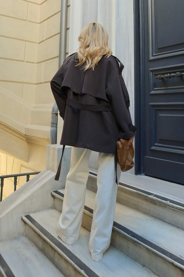 Acı Kahve Oversize Düşük Omuz Kısa Trenç - 9580