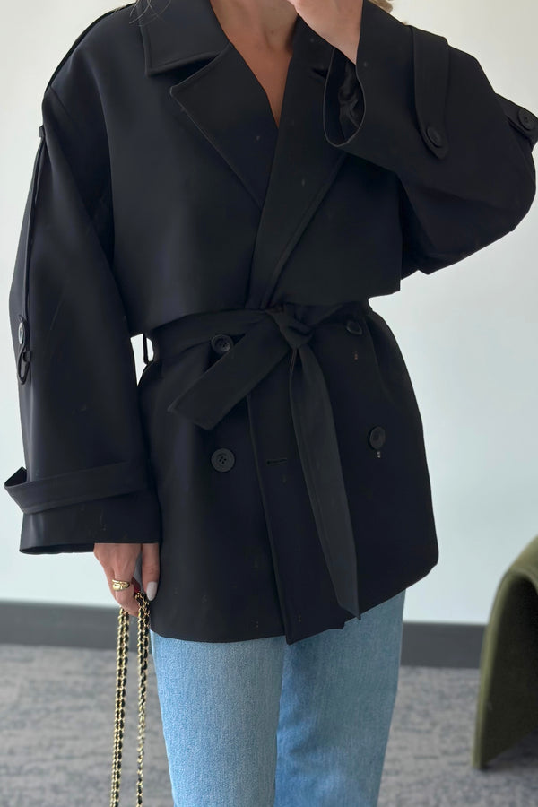 Siyah Oversize Düşük Omuz Kısa Trenç - 9580