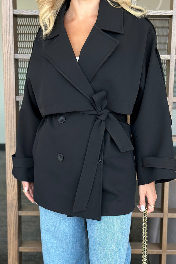 Siyah Oversize Düşük Omuz Kısa Trenç - 9580