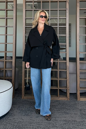 Siyah Oversize Düşük Omuz Kısa Trenç - 9580