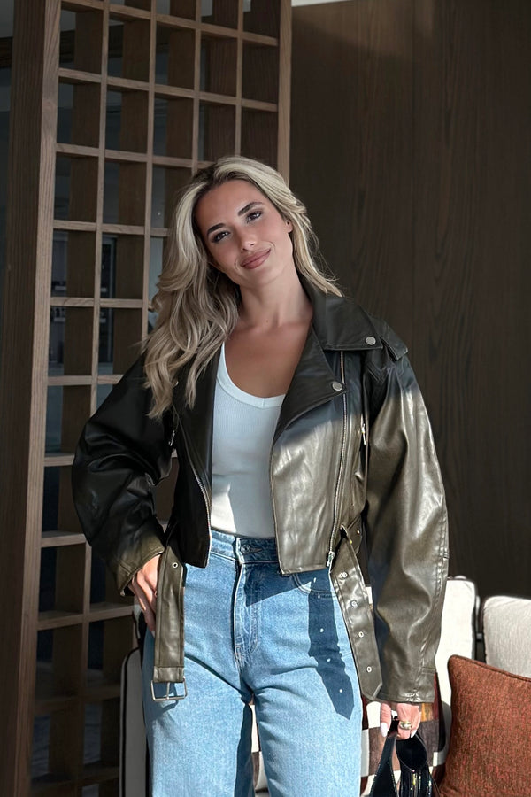 Haki Eskitme Deri Ceket - 7132