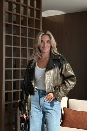 Haki Eskitme Deri Ceket - 7132