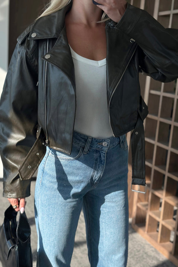 Haki Eskitme Deri Ceket - 7132