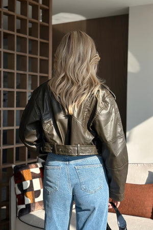 Haki Eskitme Deri Ceket - 7132