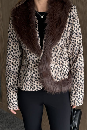 Kahverengi Kürk Yaka Leopar Desen Ceket - 8781