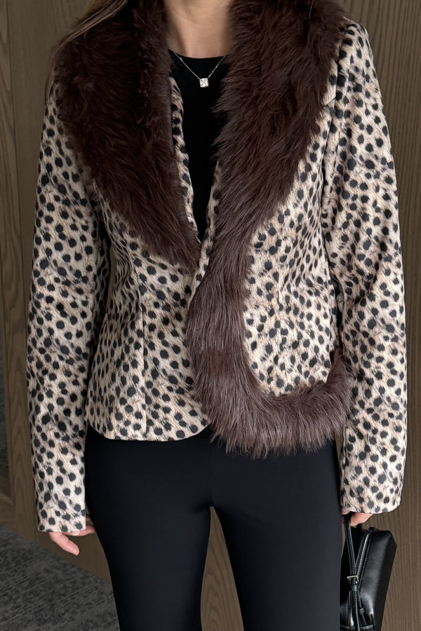 Kahverengi Kürk Yaka Leopar Desen Ceket - 8781