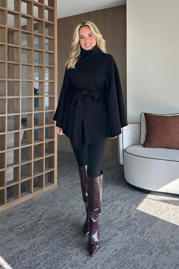 Siyah Düğmeli Kuşaklı Kaşe Panço - 2055